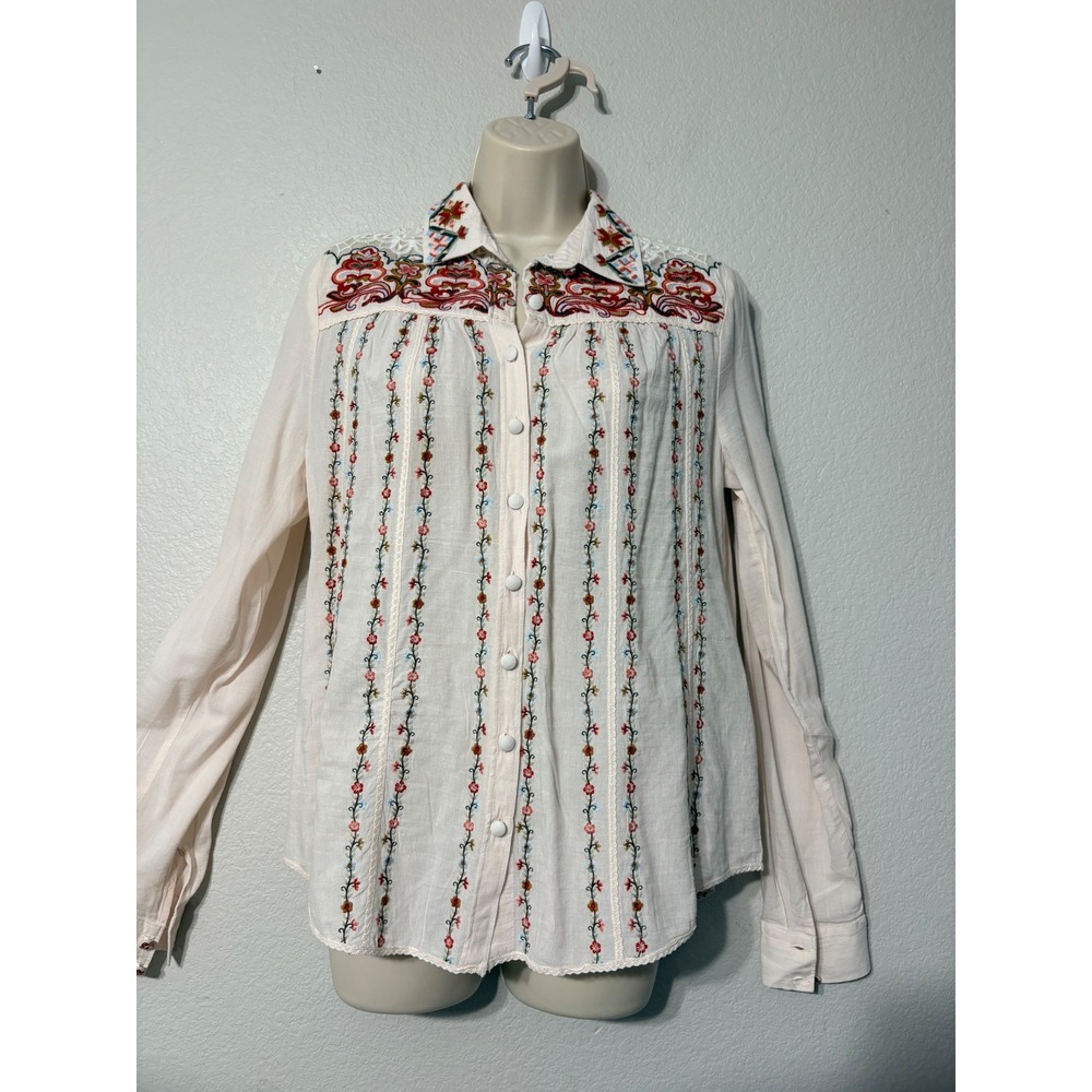 Anthropologie Boho Floral Embroidered Lace Yoke Button Down Shirt Cream LS Top